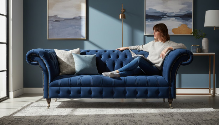 Ciemnoniebieska sofa Chesterfield do salonu, designer trzyosobowe siedzisko