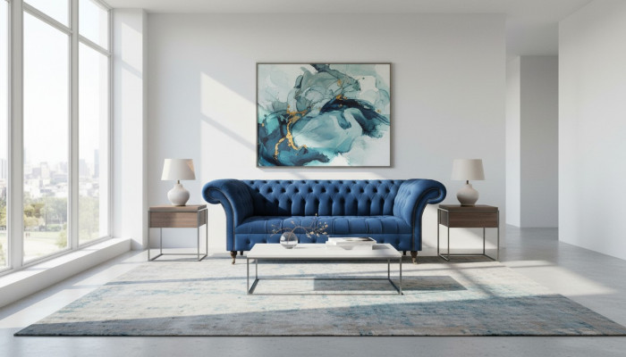 Ciemnoniebieska sofa Chesterfield do salonu, designer trzyosobowe siedzisko