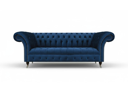Ciemnoniebieska sofa Chesterfield do salonu, designer trzyosobowe siedzisko