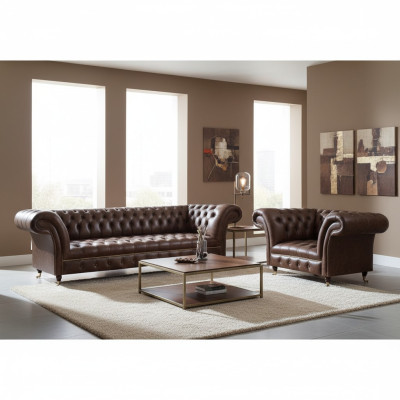 Brązowy zestaw wypoczynkowy Chesterfield z ekoskóry do salonu, trzyosobowa kanapa, dwuosobowa kanapa.