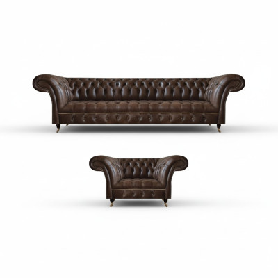Brązowy zestaw wypoczynkowy Chesterfield z ekoskóry do salonu, trzyosobowa kanapa, dwuosobowa kanapa.