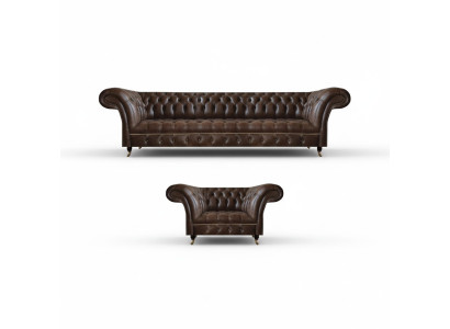 Brązowy zestaw wypoczynkowy Chesterfield z ekoskóry do salonu, trzyosobowa kanapa, dwuosobowa kanapa.