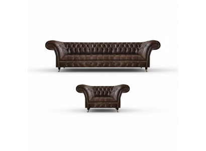 Brązowy zestaw wypoczynkowy Chesterfield z ekoskóry do salonu, trzyosobowa kanapa, dwuosobowa kanapa.