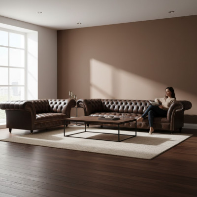 Brązowe sofy Chesterfield z ekoskóry, designerskie sofy do salonu 2 częściowe.