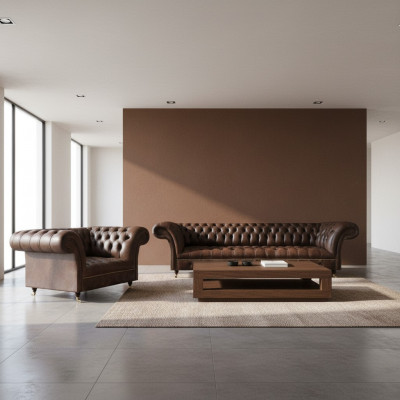 Brązowe sofy Chesterfield z ekoskóry, designerskie sofy do salonu 2 częściowe.