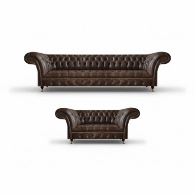 Brązowe sofy Chesterfield z ekoskóry, designerskie sofy do salonu 2 częściowe.