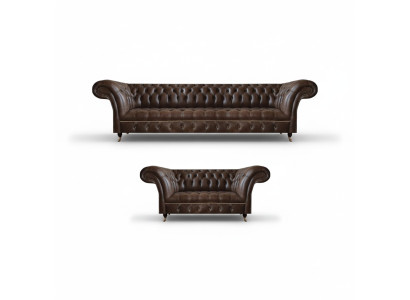 Brązowe sofy Chesterfield z ekoskóry, designerskie sofy do salonu 2 częściowe.