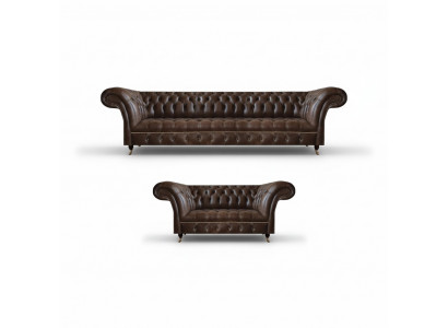 Brązowe sofy Chesterfield z ekoskóry, designerskie sofy do salonu 2 częściowe.