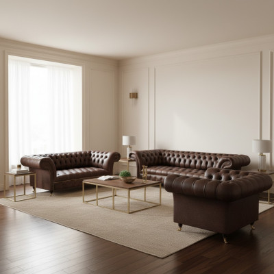 Brązowy komplet wypoczynkowy Chesterfield z 4-miejscową sofą, 2-miejscową sofą i fotelem.