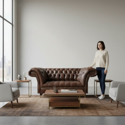 Brązowa sofa Chesterfield z dwoma miejscami w skandynawskim stylu z skóry ekologicznej.