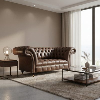 Brązowa sofa Chesterfield z dwoma miejscami w skandynawskim stylu z skóry ekologicznej.