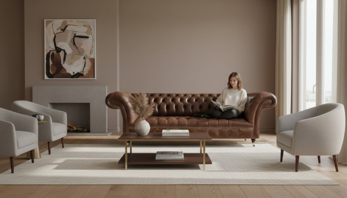 Brązowa sofa Chesterfield z skóry do salonu, projektant sprzętu meblowego.