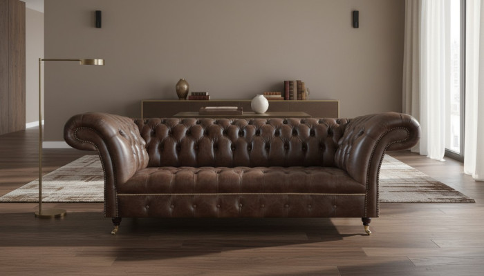 Brązowa sofa Chesterfield z skóry do salonu, projektant sprzętu meblowego.