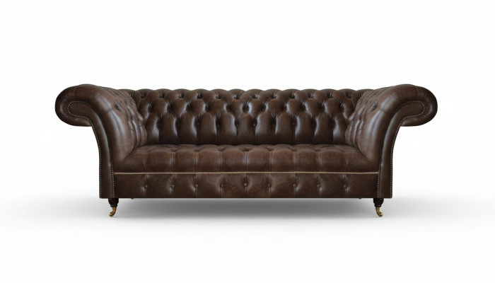 Brązowa sofa Chesterfield z skóry do salonu, projektant sprzętu meblowego.