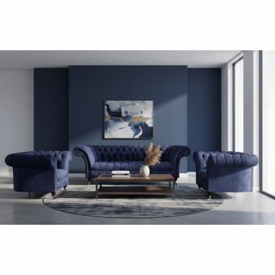 Elegancki niebieski komplet mebli Chesterfield z luksusowym zestawem tekstylnym.