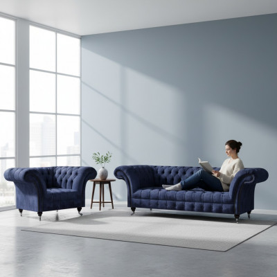 Niebieski zestaw mebli tapicerowanych Chesterfield do salonu, 2-elementowy zestaw.