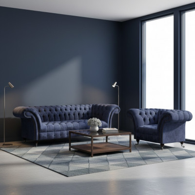 Niebieski zestaw mebli tapicerowanych Chesterfield do salonu, 2-elementowy zestaw.
