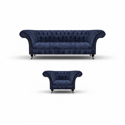 Niebieski zestaw mebli tapicerowanych Chesterfield do salonu, 2-elementowy zestaw.