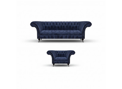 Niebieski zestaw mebli tapicerowanych Chesterfield do salonu, 2-elementowy zestaw.