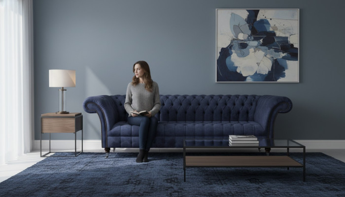 Niebieskie meble w stylu Chesterfield do salonu, czteromiejscowa kanapa, sofy tapicerowane.