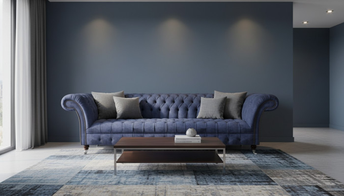 Niebieskie meble w stylu Chesterfield do salonu, czteromiejscowa kanapa, sofy tapicerowane.