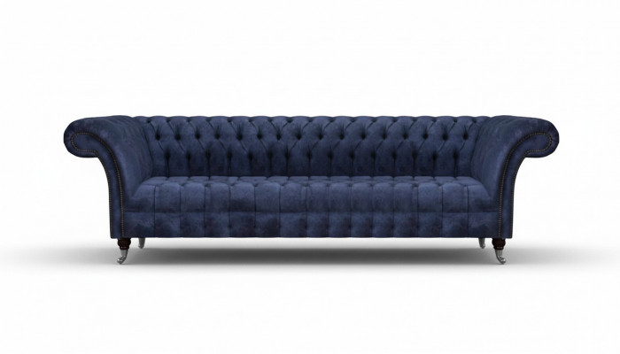 Niebieskie meble w stylu Chesterfield do salonu, czteromiejscowa kanapa, sofy tapicerowane.