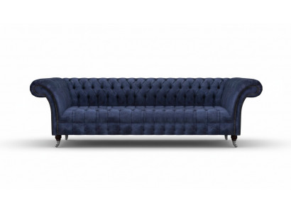 Niebieskie meble w stylu Chesterfield do salonu, czteromiejscowa kanapa, sofy tapicerowane.