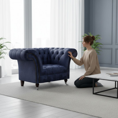 Ciemnoniebieski fotel Chesterfield do salonu z tkaniny, jednoosobowy, nowy