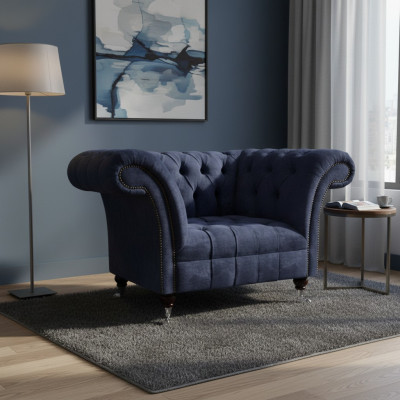 Ciemnoniebieski fotel Chesterfield do salonu z tkaniny, jednoosobowy, nowy