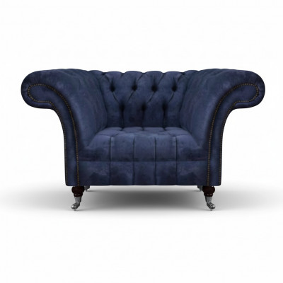 Ciemnoniebieski fotel Chesterfield do salonu z tkaniny, jednoosobowy, nowy