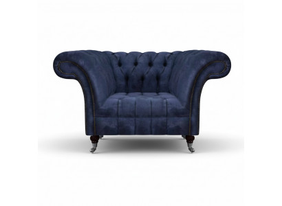Ciemnoniebieski fotel Chesterfield do salonu z tkaniny, jednoosobowy, nowy