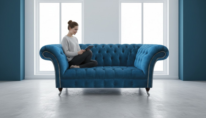 Niebieski luksusowy sof Chesterfield do salonu, siedzisko tekstylne, elegancki trzyosobowy.