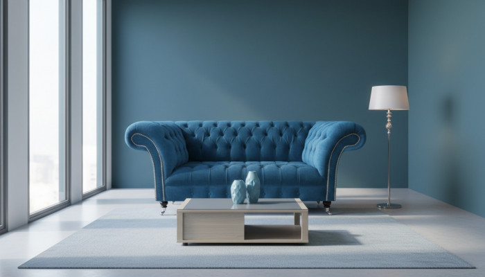 Niebieski luksusowy sof Chesterfield do salonu, siedzisko tekstylne, elegancki trzyosobowy.