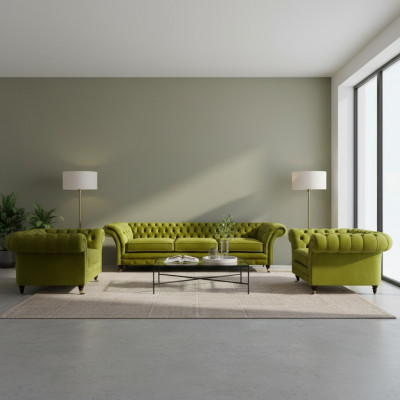 Oliwkowy komplet wypoczynkowy do salonu Chesterfield, sofa z tapicerką i 2 fotele 3 częściowy.