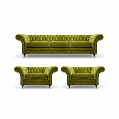 Oliwkowy komplet wypoczynkowy do salonu Chesterfield, sofa z tapicerką i 2 fotele 3 częściowy.