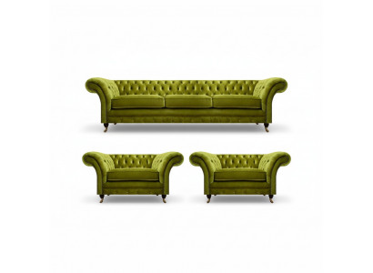 Oliwkowy komplet wypoczynkowy do salonu Chesterfield, sofa z tapicerką i 2 fotele 3 częściowy.