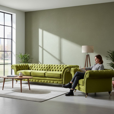 Oliwkowa zielona sofa z tkaniny Chesterfield Luksusowy fotel z tkaniny do salonu