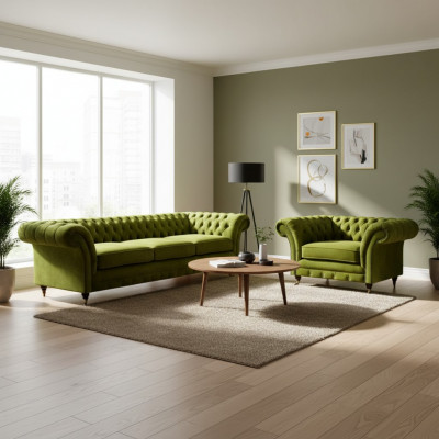 Oliwkowa zielona sofa z tkaniny Chesterfield Luksusowy fotel z tkaniny do salonu