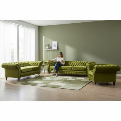 Zestaw wypoczynkowy Chesterfield w kolorze oliwkowym z salonu, luksusowy zestaw 3-częściowy