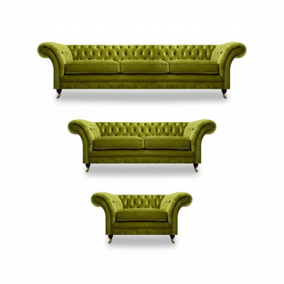 Zestaw wypoczynkowy Chesterfield w kolorze oliwkowym z salonu, luksusowy zestaw 3-częściowy