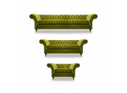 Zestaw wypoczynkowy Chesterfield w kolorze oliwkowym z salonu, luksusowy zestaw 3-częściowy