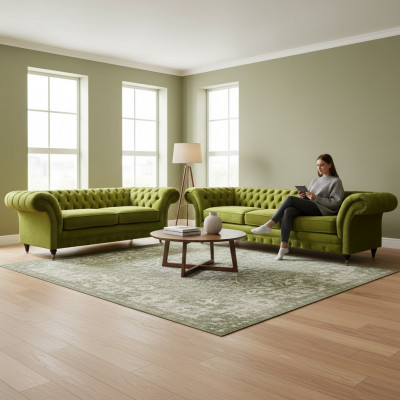 Oliwkowa zestaw mebli tapicerowanych Chesterfield do salonu w pełni wykonany z materiału tekstylnego.