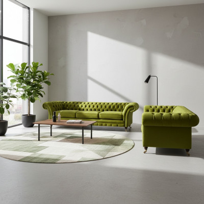 Oliwkowa zestaw mebli tapicerowanych Chesterfield do salonu w pełni wykonany z materiału tekstylnego.