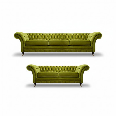 Oliwkowa zestaw mebli tapicerowanych Chesterfield do salonu w pełni wykonany z materiału tekstylnego.