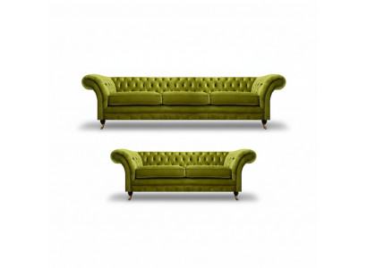 Oliwkowa zestaw mebli tapicerowanych Chesterfield do salonu w pełni wykonany z materiału tekstylnego.