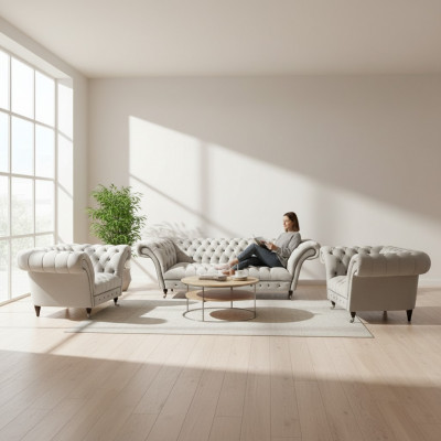 Luksusowe meble Chesterfield projektanta 2x fotel do oparcia i nowoczesna trzyosobowa kanapa.