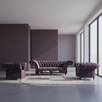Lila Chesterfield zestaw wypoczynkowy do salonu 3-osobowy, 2x fotel projektanta