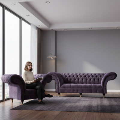 Fioletowy zestaw luksusowych mebli wypoczynkowych Chesterfield do salonu z tkaniny, 2-elementowy.