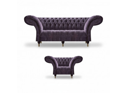 Fioletowy zestaw luksusowych mebli wypoczynkowych Chesterfield do salonu z tkaniny, 2-elementowy.