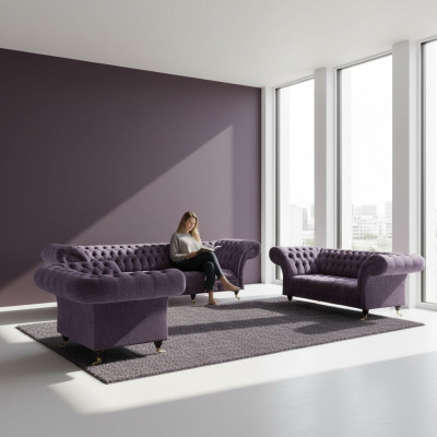 Chesterfield fioletowe meble siedziskowe. Nowoczesna 4-osobowa sofa projektanta, dwuosobowy fotel.